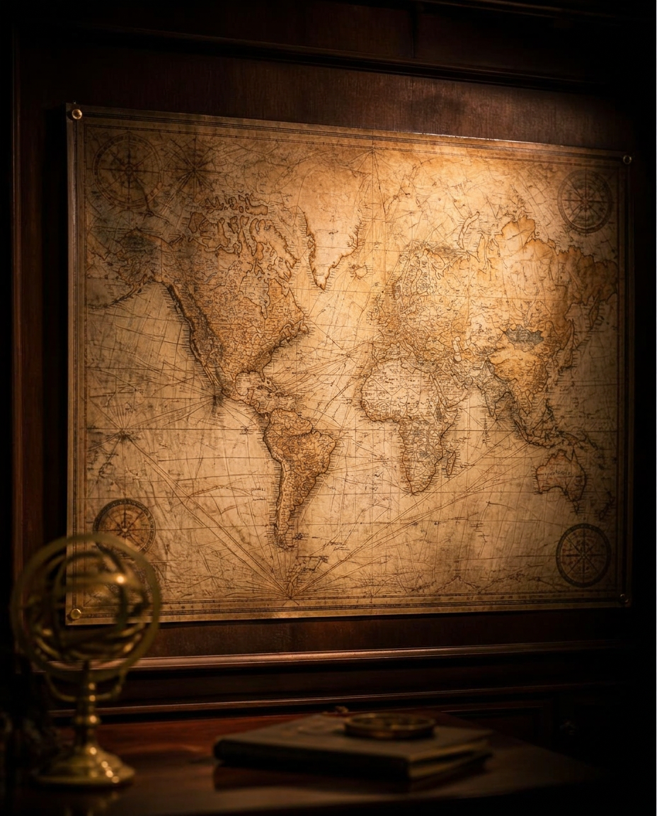 Antique world map framed on a wood-paneled wall beside a brass armillary globe