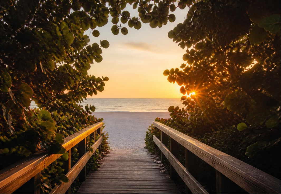 Wooden boardwalk framed by sea grape trees opening onto an empty Naples beach at sunset